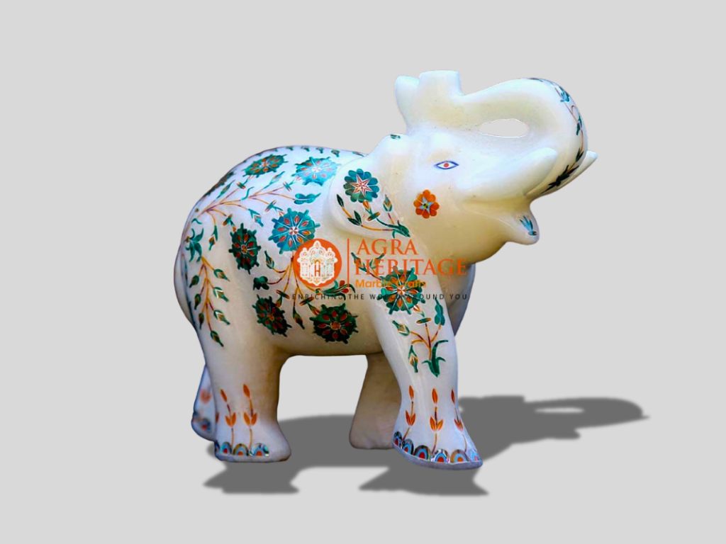 Malachite Inlay Floral Marble Elephant Sculpture For Gift